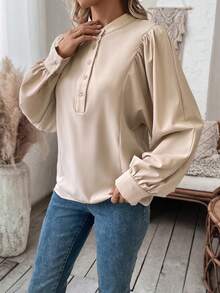 SHEIN LUNE Half Button Lantern Sleeve Blouse - Apricot - View 3