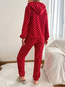 RueChic Polka Dot Print Hooded PJ Set - Red - View 2