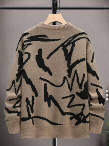 Manfinity Hypemode Men Graphic Pattern Drop Shoulder Sweater, Men Sweaters, Men Knitwear, Men Knit Sweater, Men Jumper, Men Pullover - Coffee Brown - View 2