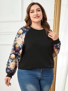 SHEIN LUNE Plus Contrast Floral Print Raglan Sleeve Tee - Black - View 6