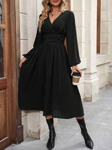 SHEIN Clasi Surplice Neck Lantern Sleeve Ruched Waistband Waist Dress - Black - View 1