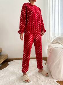 RueChic Polka Dot Print Hooded PJ Set - Red - View 4