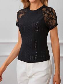 SHEIN Frenchy Contrast Lace Raglan Sleeve Eyelet Embroidery Raglan Sleeve Tee Black Summer Casual - Black - View 3