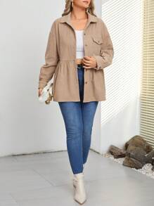 SHEIN Frenchy Hơn Túi có nắp Thả vai Peplum Hem Áo khoác vải nhung - Màu Khaki - Xem 4
