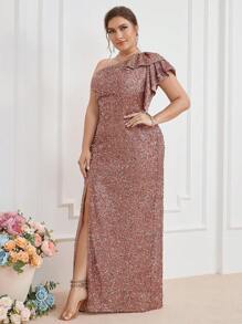 UNITHORSE Plus Asymmetrical Neck Ruffle Trim Split Thigh Sequin Prom Dress Elegant Formal Evening Wedding Guest Gown, For Graduation, Dinner Party Dress - Dusty Pink - View 6