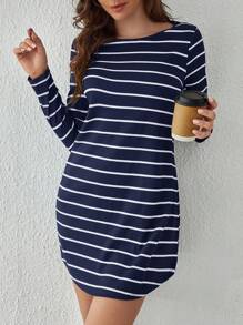 SHEIN Tall 條紋印花後紐扣T恤洋裝 - 藏蓝色 - 查看 5