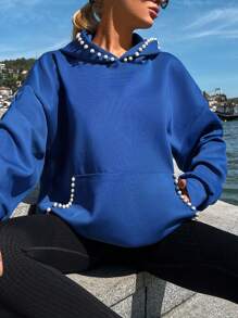 EURMUSE Pearls Beaded Kangaroo Pocket Drop Shoulder Hoodie - Royal Blue - View 1