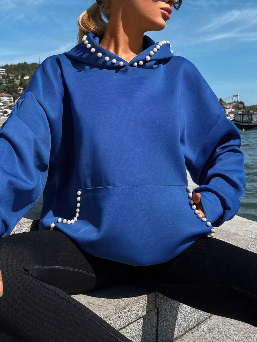 EURMUSE Pearls Beaded Kangaroo Pocket Drop Shoulder Hoodie - Royal Blue - View 1