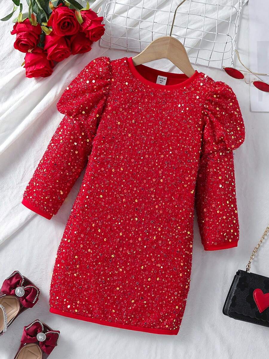 SHEIN Young Girl Gigot Sleeve Sequin Decor Dress for Christmas