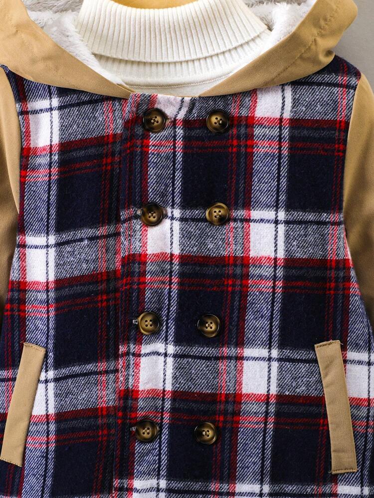 Young Boy 1pc Plaid Print Hooded Thermal Lined Padded Coat