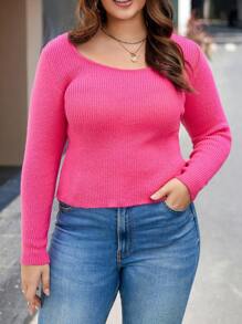 Calvaya Suéter de cuello de barco sólido talla grande, suéter de punto para otoño e invierno - Rosa - Ver 6