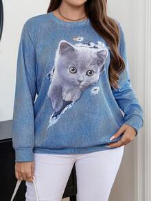 Calvaya Sudadera casual de cuello redondo con estampado de gato de dibujos animados para mujer talla grande en otoño/invierno - Azul - Ver 5