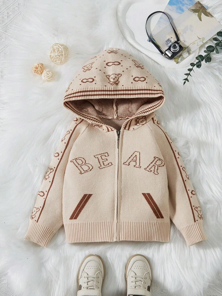 Baby Boy Letter & Bear Pattern Raglan Sleeve Hooded Cardigan