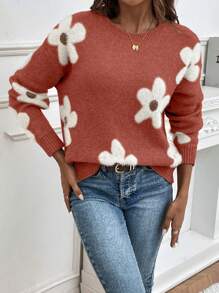 SHEIN LUNE Floral Pattern Drop Shoulder Sweater,Long Sleeve Tops Knit Pullover Fall Winter Sweater - Rust Brown - View 4