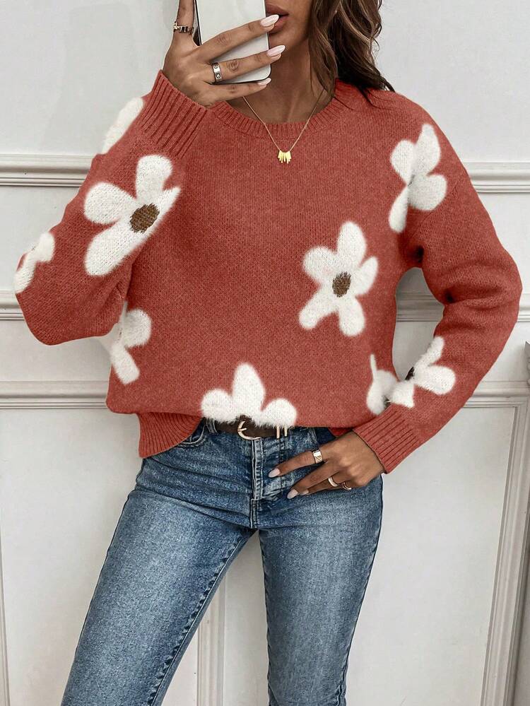 Floral Pattern Drop Shoulder Sweater,Long Sleeve Tops Knit Pullover Fall Winter Sweater