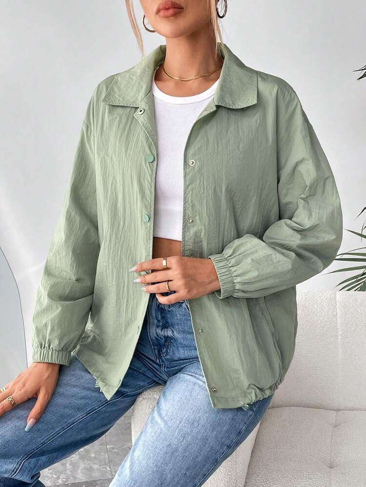 Drop Shoulder Drawstring Hem Snap Button Front Coat