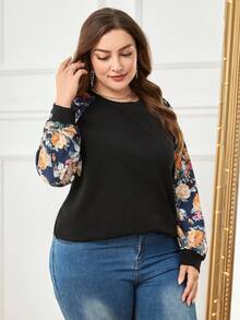 SHEIN LUNE Plus Contrast Floral Print Raglan Sleeve Tee - Black - View 5