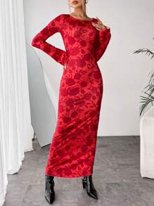 SHEIN Privé Floral Print Flounce Sleeve Bodycon Dress - Red - View 1