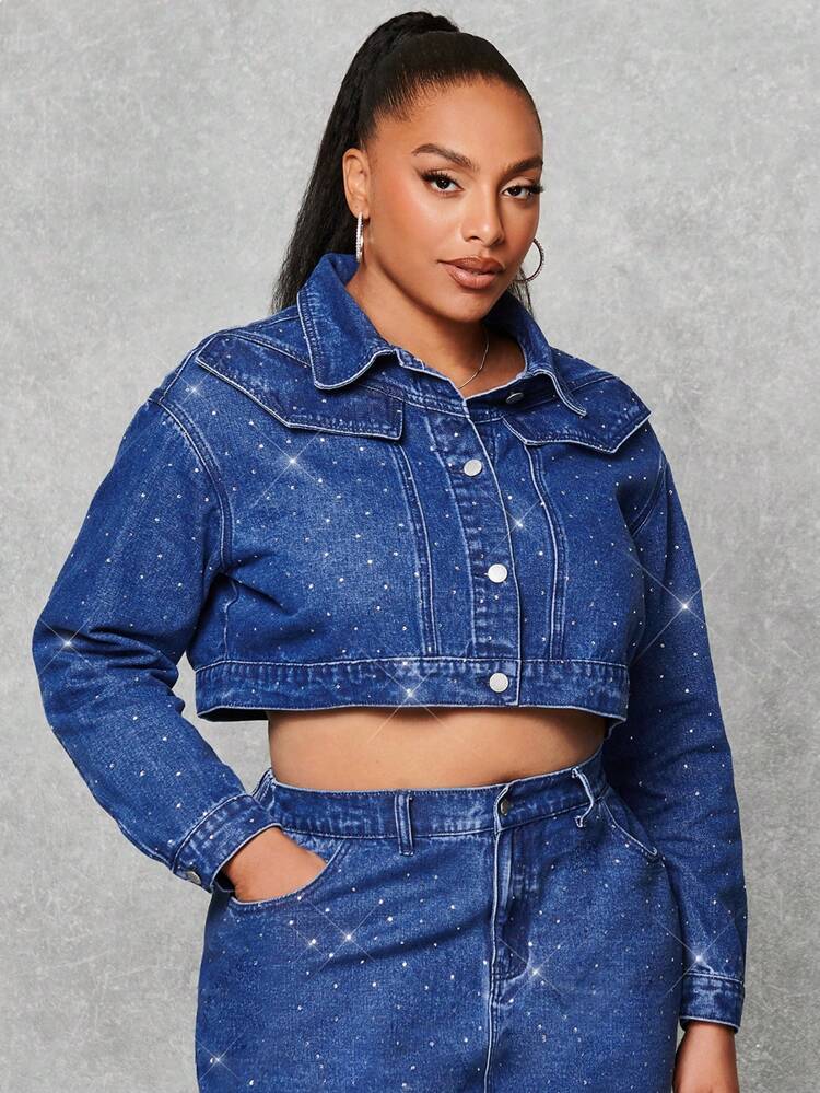 Plus Rhinestone Decor Flap Pocket Crop Denim Jacket, Fall Women Clothes