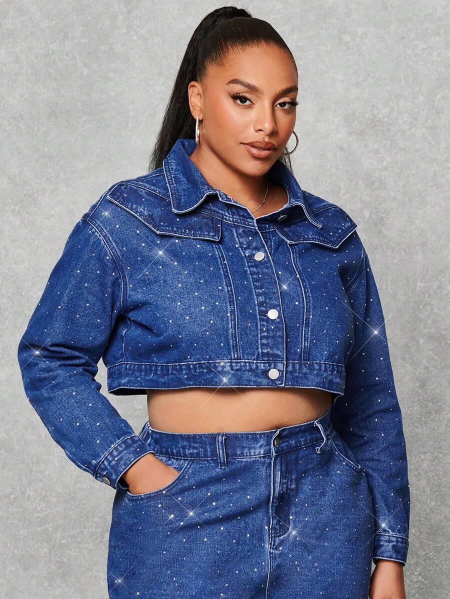 SHEIN BAE Áo khoác denim dáng croptop có túi đính đá Rhinestone Decor Flap, Quần áo mùa thu cho nữ - Màu xanh lam - Xem 1