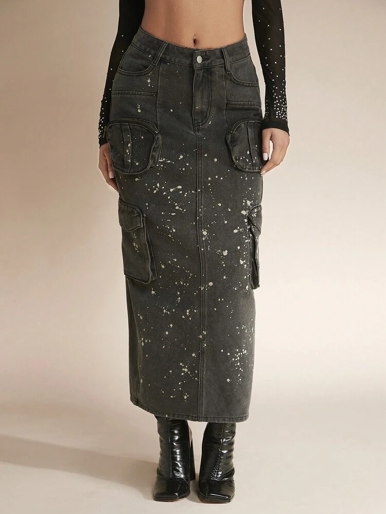 Splash Ink Print Flap Pocket Split Back Denim Skirt