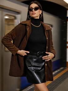 SHEIN Unity Drop Shoulder Button Front Teddy Coat Fall Cloth For Women - Chocolate Brown - View 5