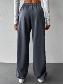 SHEIN Cottnline Solid Elastic Waist Slant Pocket Ruched Side Sweatpants - Grey - View 2