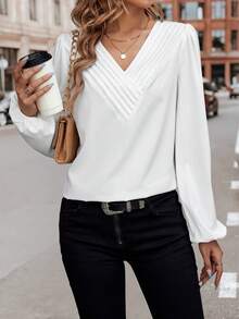 SHEIN LUNE Chất rắn Cổ v Tay áo lồng đèn Áo sơ mi - trắng - Xem 3