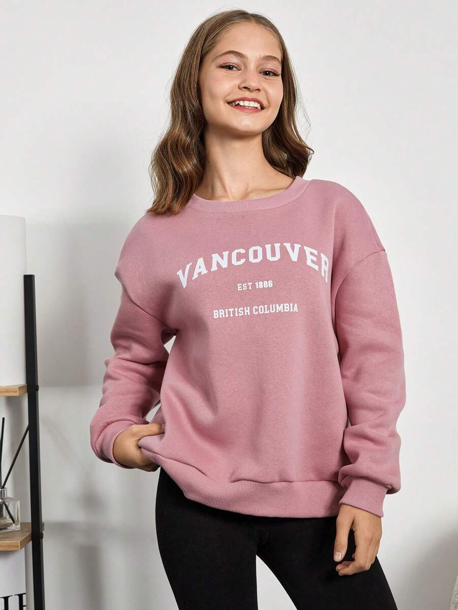 RueChic Teen Girl Letter Graphic Drop Shoulder Pullover - Pink - View 1