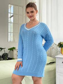 SHEIN MOD Plus Striped Trim Cable Knit Drop Shoulder Cricket Sweater Dress - Baby Blue - View 4