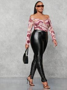 SHEIN BAE 大碼高腰褶邊下擺開叉PU皮打底褲 - 黑色 - 查看 3