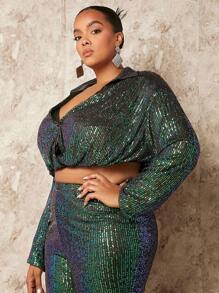 SHEIN BAE Christmas Plus Drop Shoulder Crop Sequin Shirt
