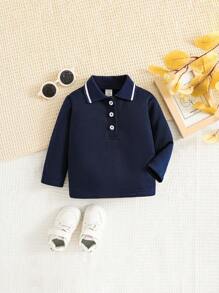 SHEIN Baby Boy Contrast Trim Button Front Polo Neck Top - Navy Blue - View 1