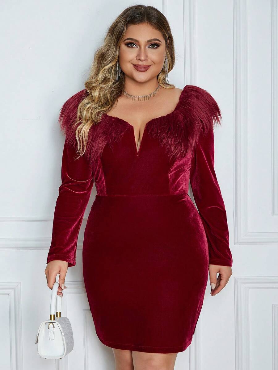 Eilly Bazar Plus Size V-Neck Furry Trim Long Sleeve Dress - Burgundy - View 1