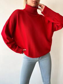 EURMUSE Turtleneck Cut Out Drop Shoulder Sweater - Red - View 4