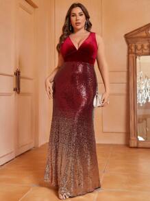 SHEIN Belle Burgundy Red Plus Plunging Neck Sequin Dress - Burgundy - View 3