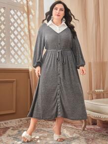 Mulvari Plus Contrast Collar Belted Dress - Grey - View 5