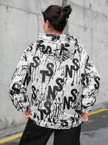 RueChic Letter Print Hooded Zipper Jacket - Black - View 2