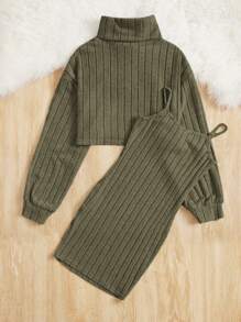 SHEIN Tween Girl Turtleneck Drop Shoulder Ribbed Knit Tee & Cami Dress - Army Green - View 2