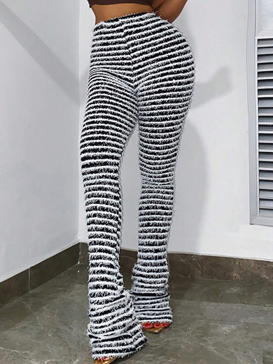 Striped Flare Leg Pants - Black and White - View 1
