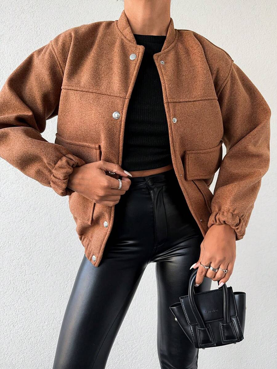 EURMUSE Flap Pocket Drop Shoulder Bomber Jacket - Camel - View 1