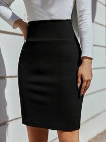 EURMUSE Solid Wide Waistband Skirt - Black - View 3