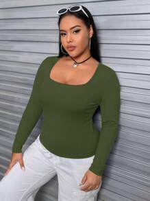 SHEIN EZwear Plus žebrované pletené tričko se čtvercovým výstřihem - Tmavě zelená - Zobrazit 6