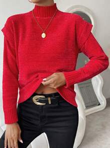 Chiquease Áo len cổ cao, vai rớt, chất liệu dệt kim, thích hợp cho mùa thu đông. - Đỏ - Xem 3
