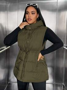 SHEIN EZwear Plus Zip Up Snap Button Hooded Vest Coat, Winter - Army Green - View 4
