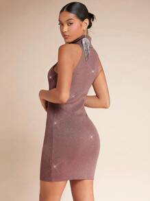 SHEIN BAE فستان صوف ضيق مقصوص امامي لامع - أحمر بنفسجي - مشاهدة 2