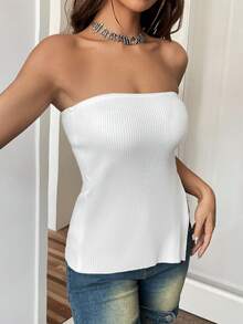 SHEIN EZwear Solid Split Hem Tube Knit Top - White - View 3
