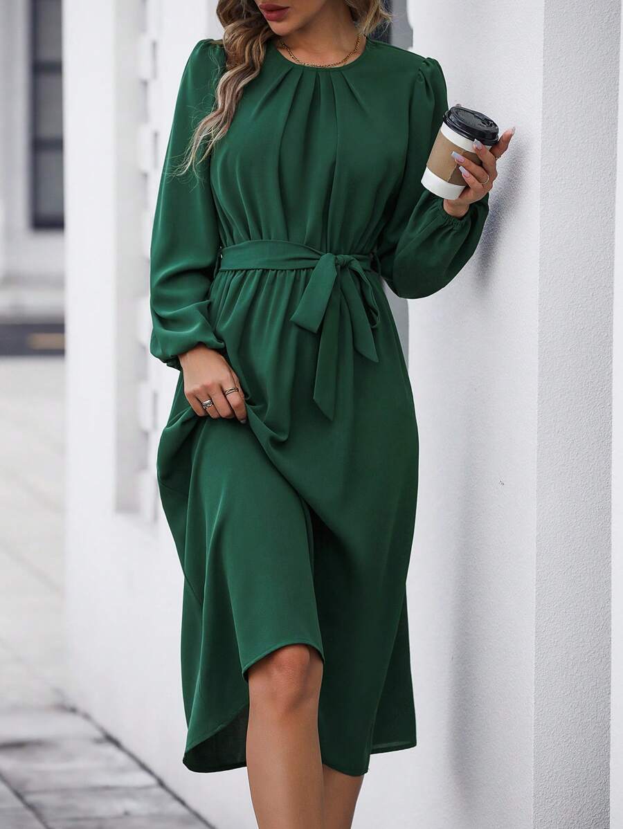 SHEIN Clasi Chất rắn Tay áo lồng đèn Váy có thắt lưng - Màu xanh lá cây đậm - Xem 1