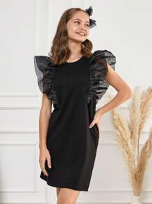 RueChic Teen Girl Contrast Mesh Ruffle Trim Dress - Black - View 1
