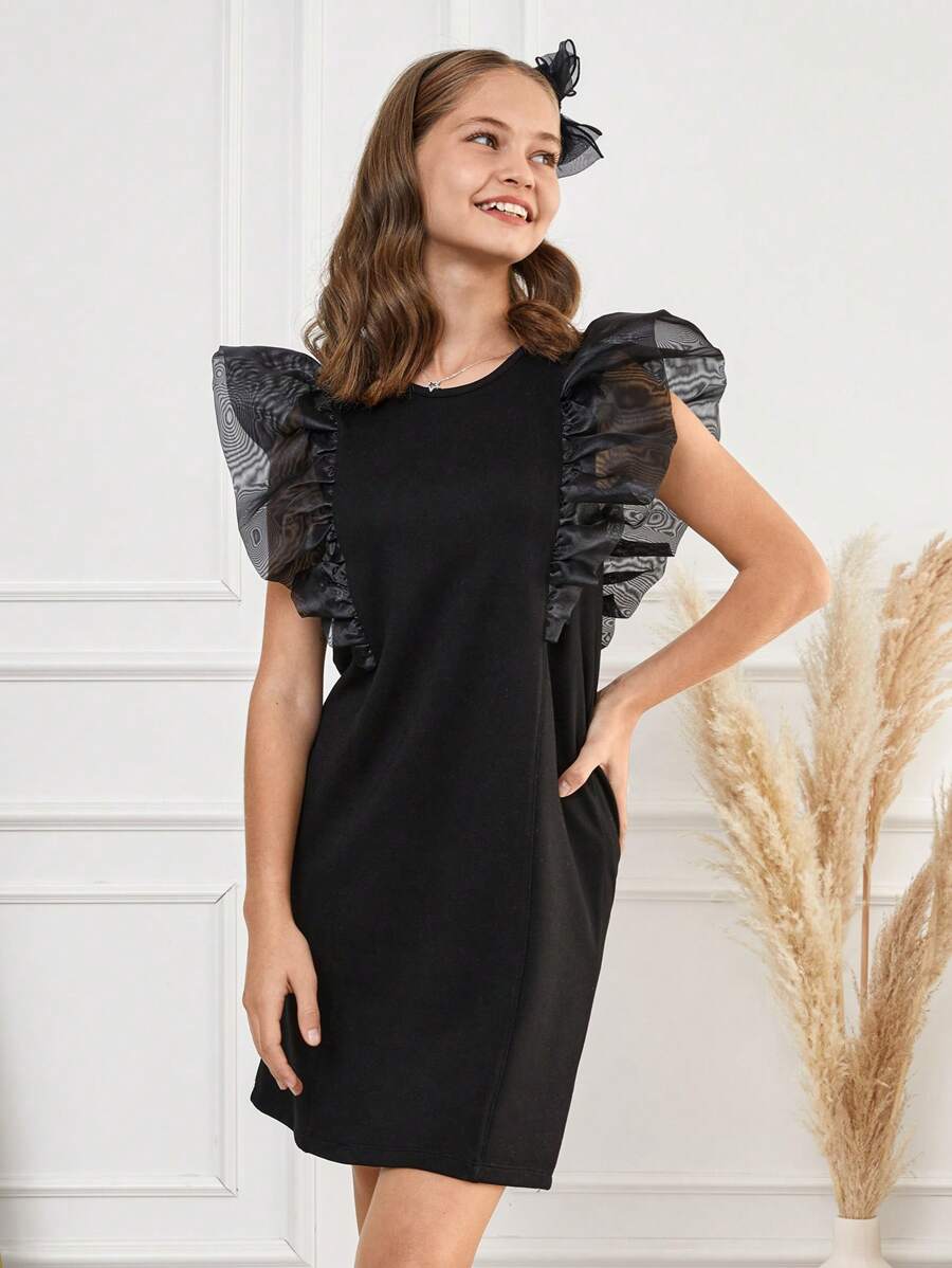 RueChic Teen Girl Contrast Mesh Ruffle Trim Dress - Black - View 1